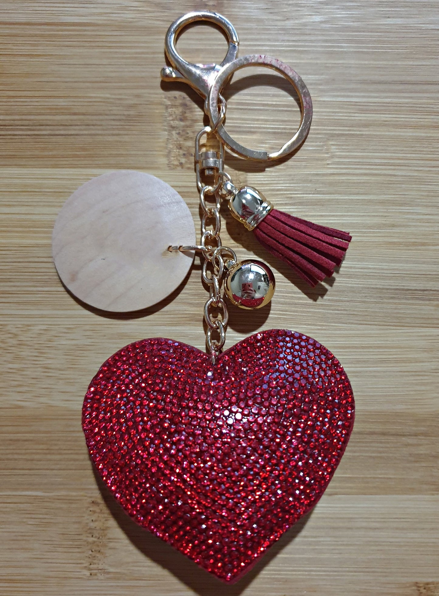 Fabric Heart Shaped Keyring with Wooden Disc Blank