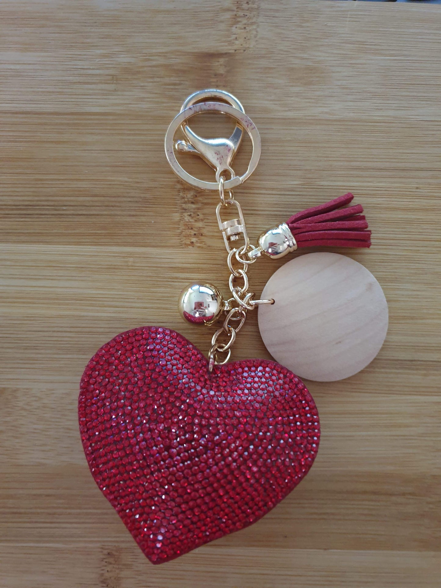 Fabric Heart Shaped Keyring with Wooden Disc Blank