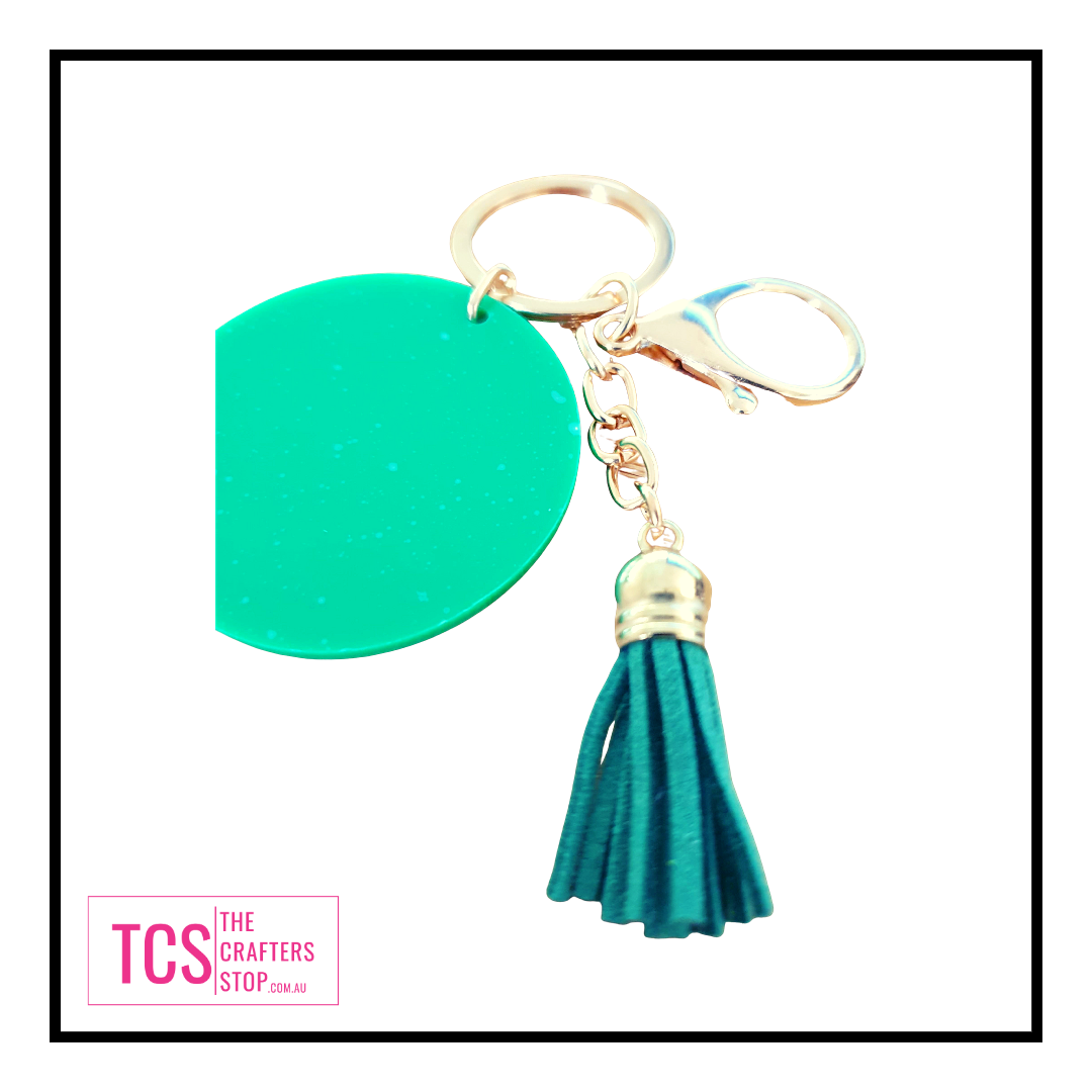 Coloured Round Acrylic Blank Keyring with Tassels.