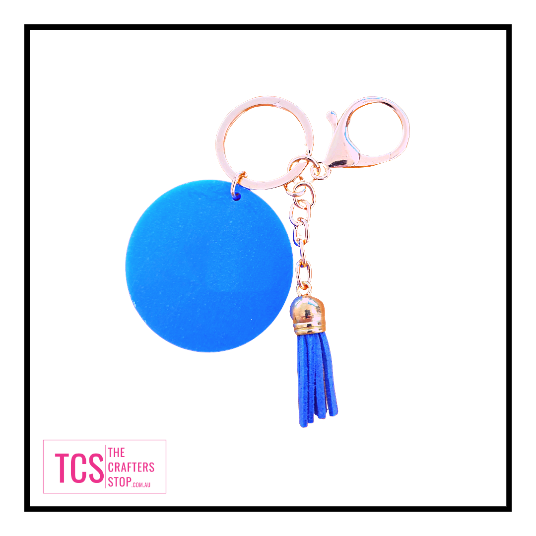 Coloured Round Acrylic Blank Keyring with Tassels.