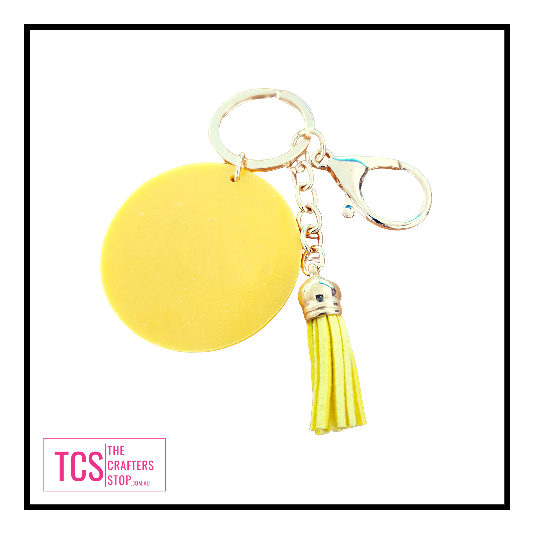 Coloured Round Acrylic Blank Keyring with Tassels.