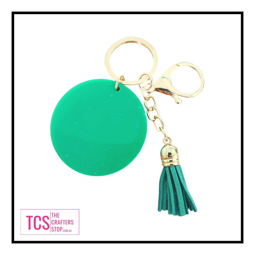 Coloured Round Acrylic Blank Keyring with Tassels.