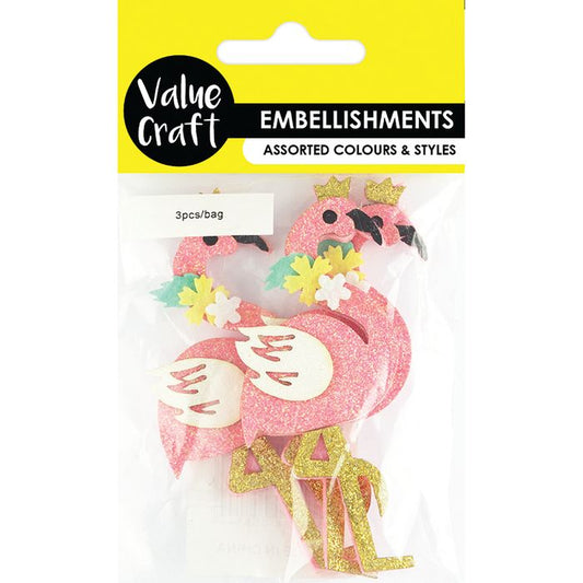 Pink Glitter Flamingo Embellishments - 3 pcs